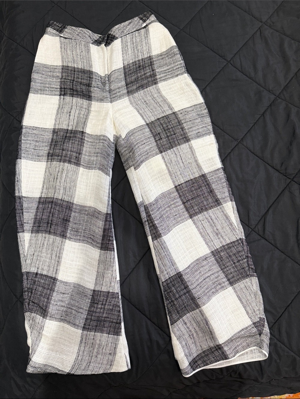 Acne Studios Wide Leg Plaid Linen-Style Pants in Black & White, size6-8